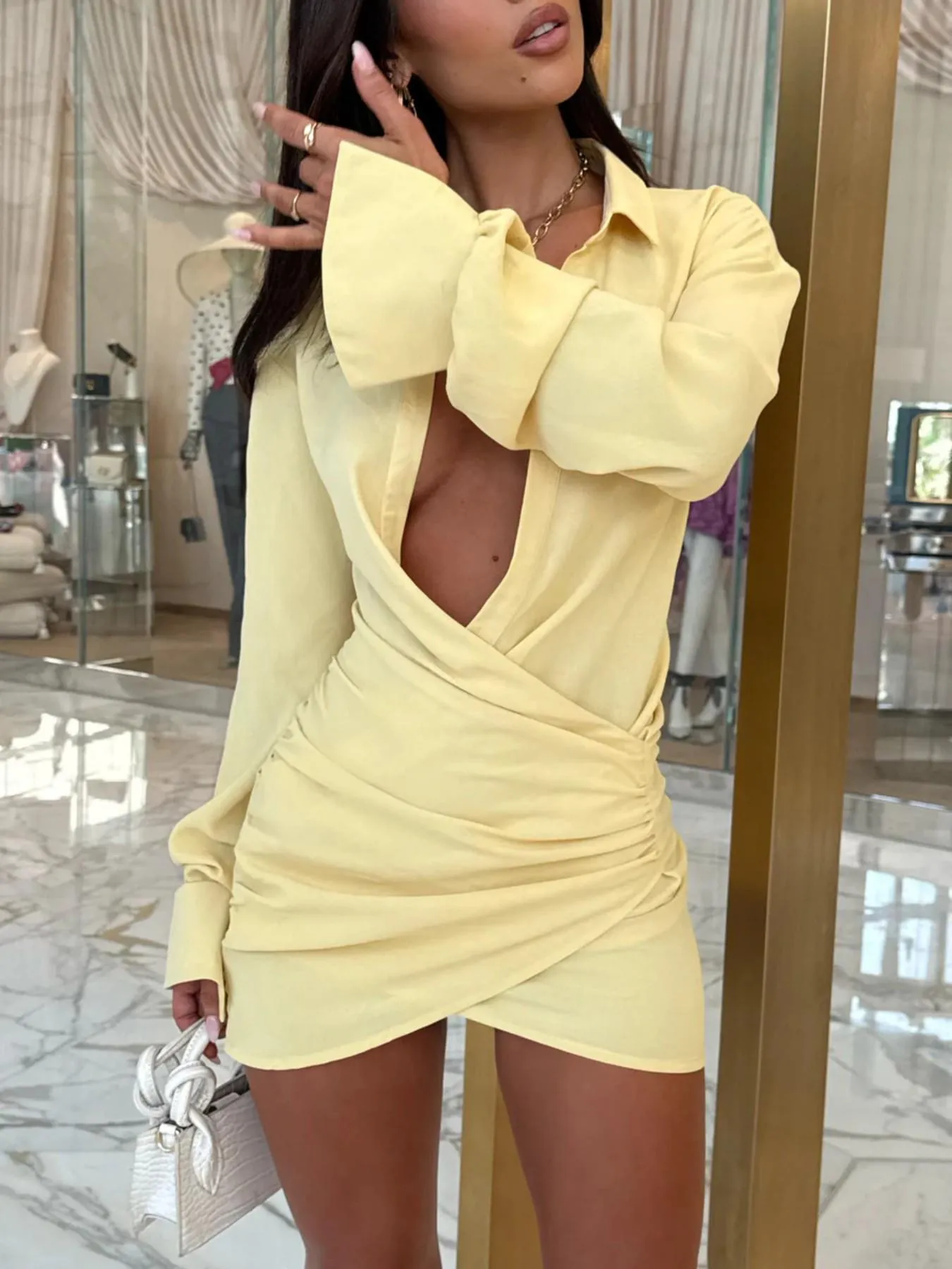 2026 NEW AUTUMN WOMEN'S SOLID COLOR SHIRT DRESS RUCHED BODYCON DRESS SEXY INS‑STYLE DRESS FOR PARTY GATHERING
