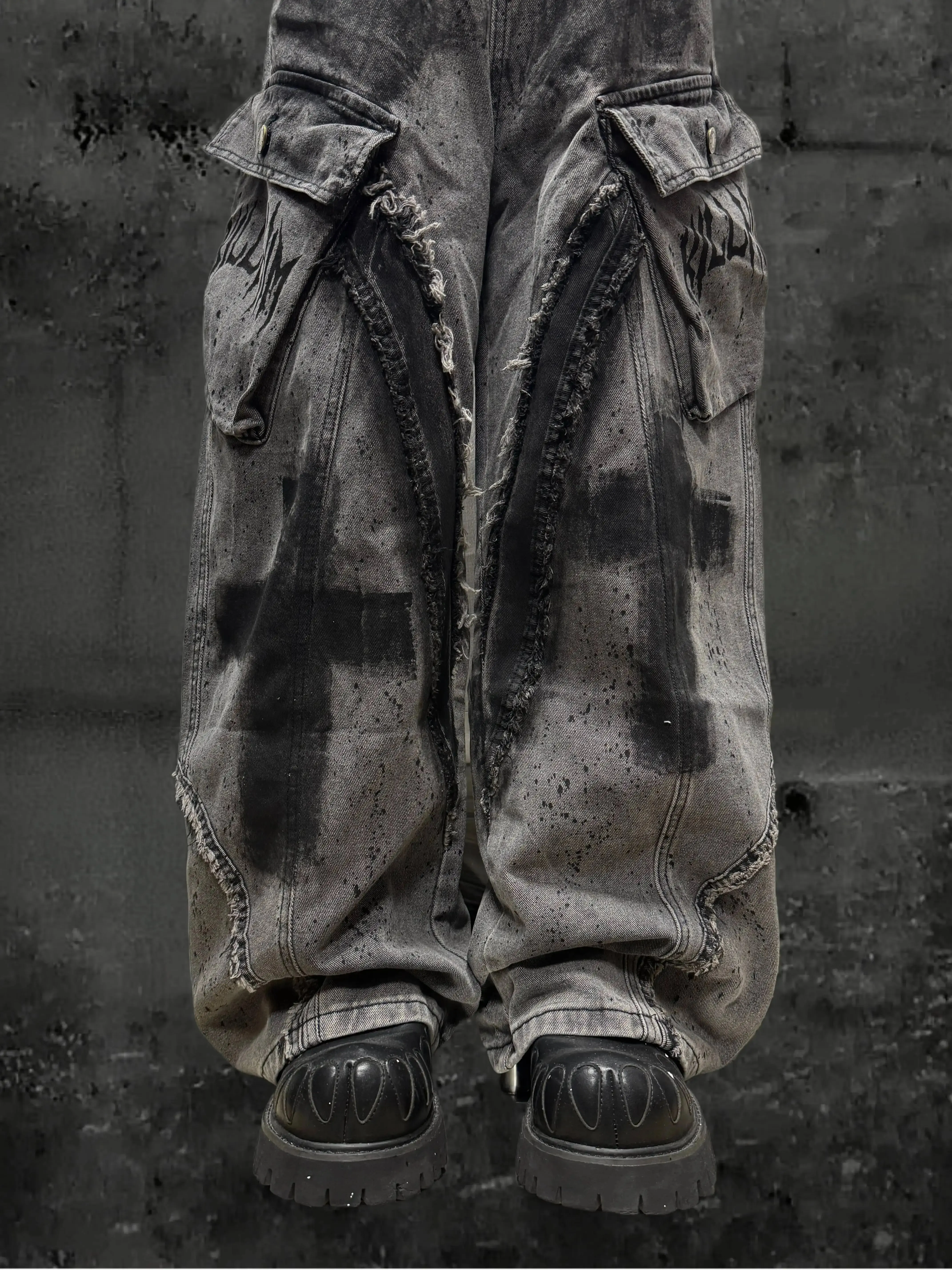 Unsiex Gothic Punk Jeans 2026 Distressed Splash Ink Jeans For Women Men Y2K Graffiti Wide Leg Pants Loose Fit Washed Denim