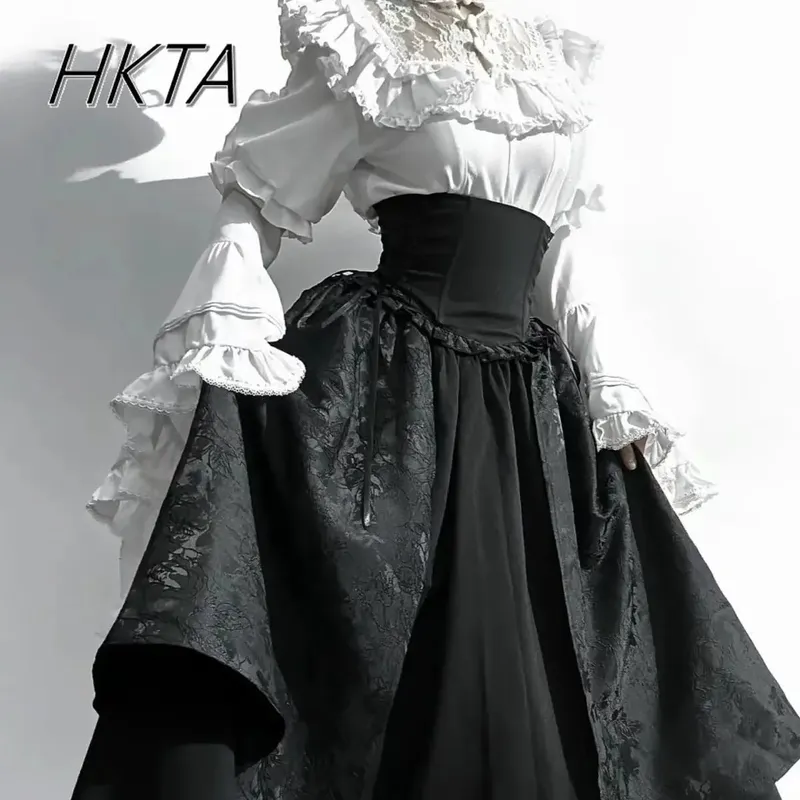 Gotická košile Y2k Top Lolita Dívčí Volánková Sukně Deštník Vysoký Pas Oversized Dlouhá sukně Rohový Dlouhý rukáv Studentská Elegantní halenka