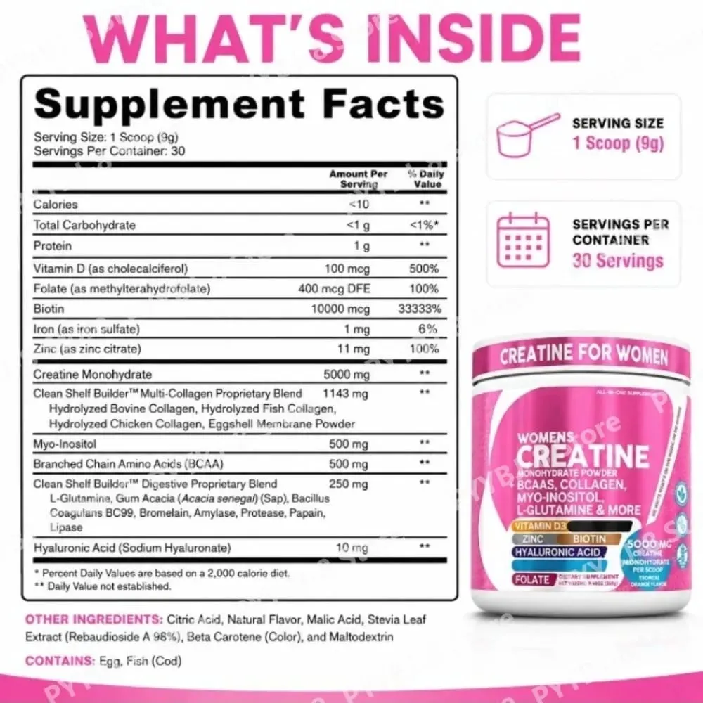 Women's Creatine Monohydrate Powder 5000mg BCAA Multi-Collagen Biotin Vitamin D3 Tropical Orange Sports Nutrition 30 Servings — image 3