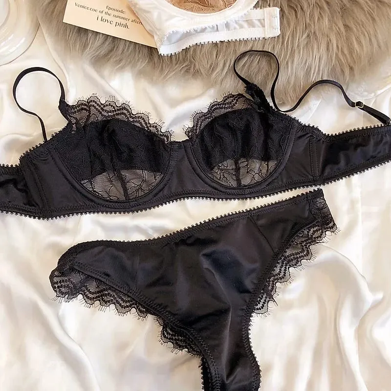 2 Keping Set Bra Renda Ultra Nipis Seksi Wanita Warna Splicing Pakaian Dalam Sutera Perancis Bernafas dan Seluar Dalam Pakaian Dalam Intim