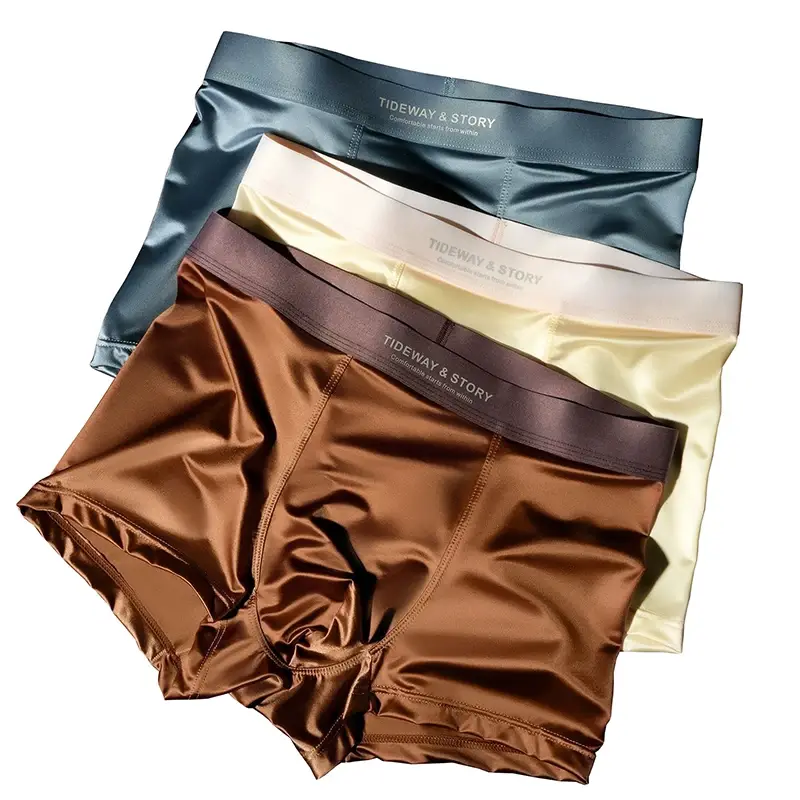 4PCS Seluar Dalam Lelaki Sutera Ais High-End Lelaki Cahaya Mewah Sutera Satin Sudut Rata Bernafas Seluar Pendek Empat Penjuru Tanpa Tanda