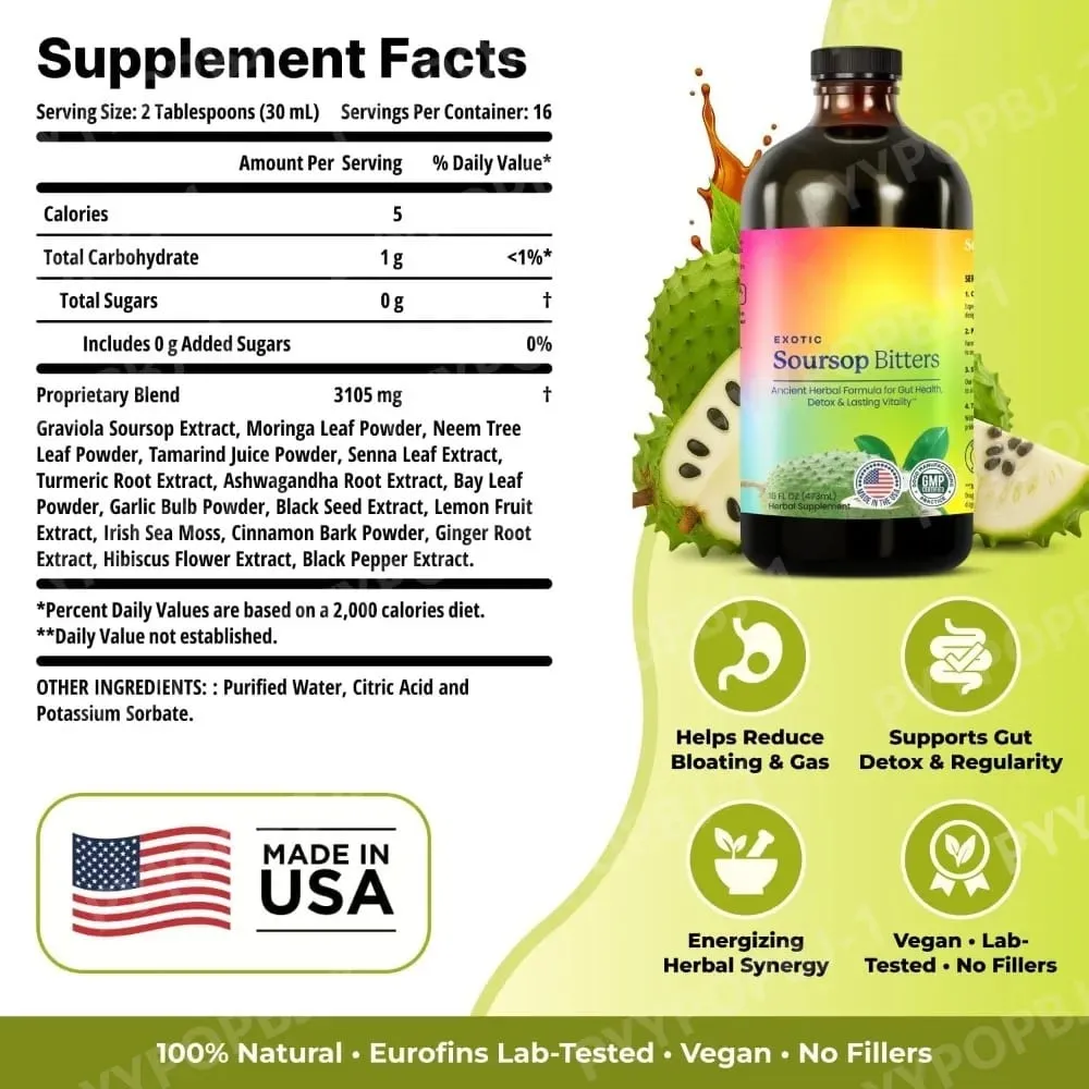 Soursop Bitters Liquid Herbal Extract Plant Based Guanabana Blend with Ginger Turmeric and Sea Moss Daily Wellness Supplement