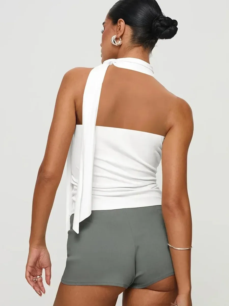 Women Solid Color Halter Neck Tie Detail Sleeveless Top Summer Casual Y2K Street Style Slim fit Crop Top