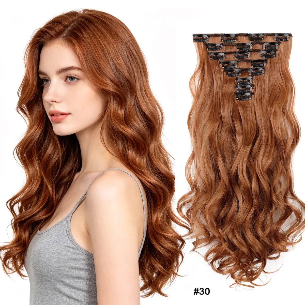 8Pcs Wavy Clip-In Hair Extensions Set 17Clips Matte Synthetic Full Head Hairpiece for Women Easy to Install