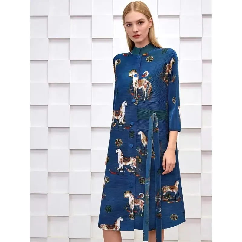 Miyake Pleated Dresses 2026 European New Printed Long Sleeve Single-Breasted Cardigan Jacket Stretch Plus Size Women's Clothing
