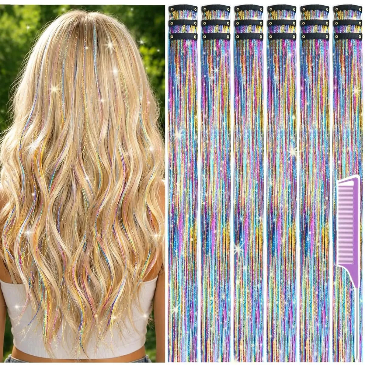 Balení 18 ks Nápadné doplňky do vlasů Rainbow Hair Tinsel Clip in Balíček 22palcových třpytivých pohádkových vlasů pro ženy, dívky