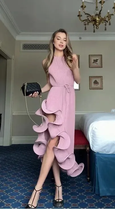 Women Romantic Yellow Halter Maxi Dress Ribbed Knit Ruffled High-slit Slim-fit Vestido 2026 Lady New Spring Trendy Fashion Robes