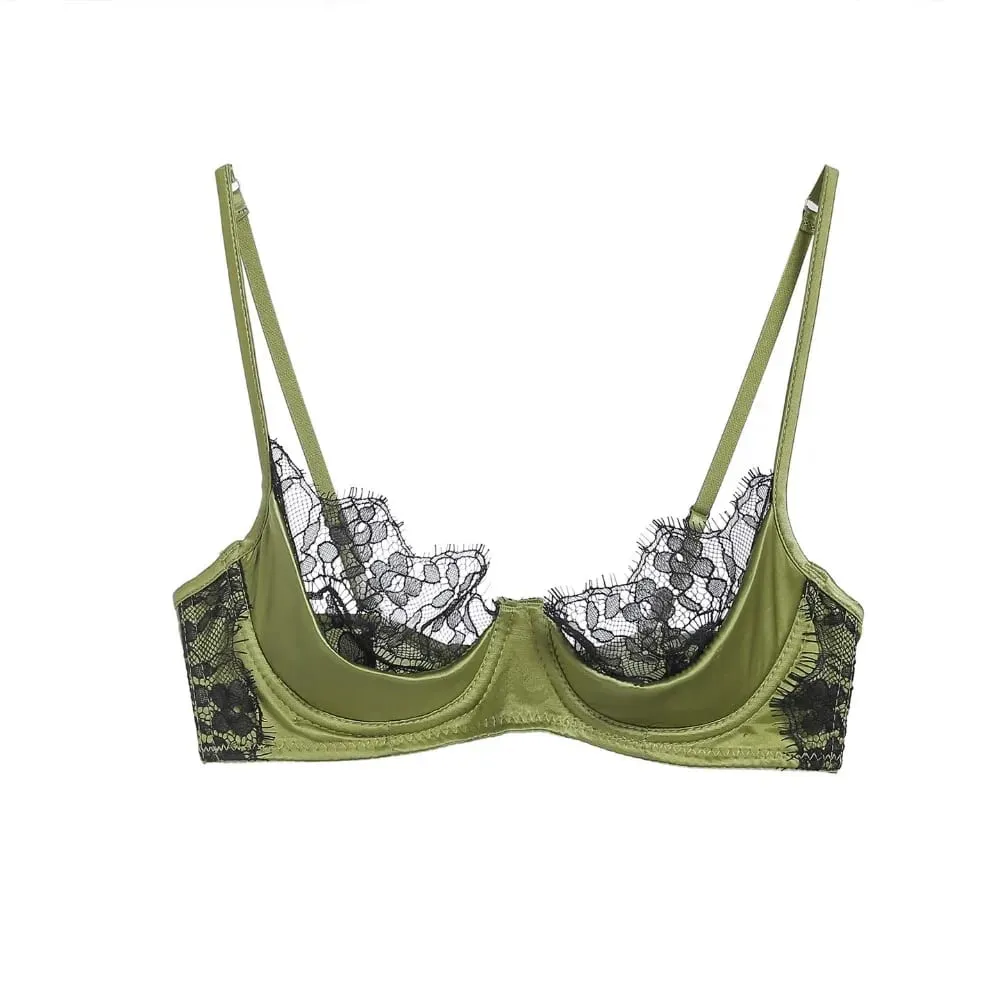 Half Cup Lingerie Set Women Green French Lace Ultra Thin Sheer Soft Comfortable Underwire Bra Small Bust 32‑38AB Set