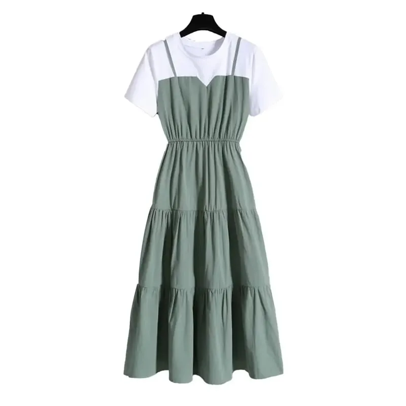 2024 Fashion Strap Fake Two piece Dress Block Summer Short sleeved Dress Women's Waist Tight Dress