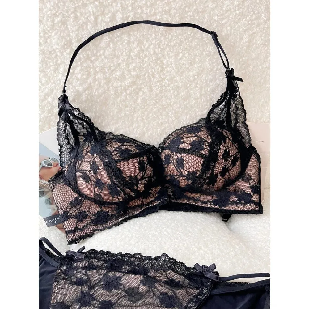 Sweet Halter Neck Bow Lace Wireless Bra Sujetador Push-up Acolchado Señoras Capas Lencería íntima para busto pequeño Tamaño 32-38 ABC
