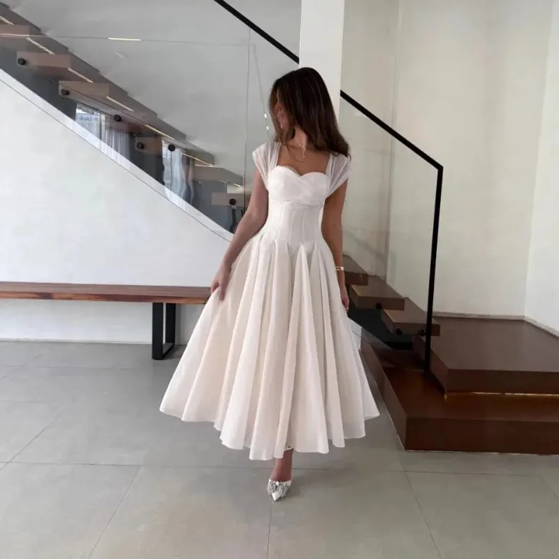 Women's Elegant Tulle Formal Dress Summer Sexy Square Neck Corset Waist A-Line Tea-Length Gown for Wedding Cocktail Party