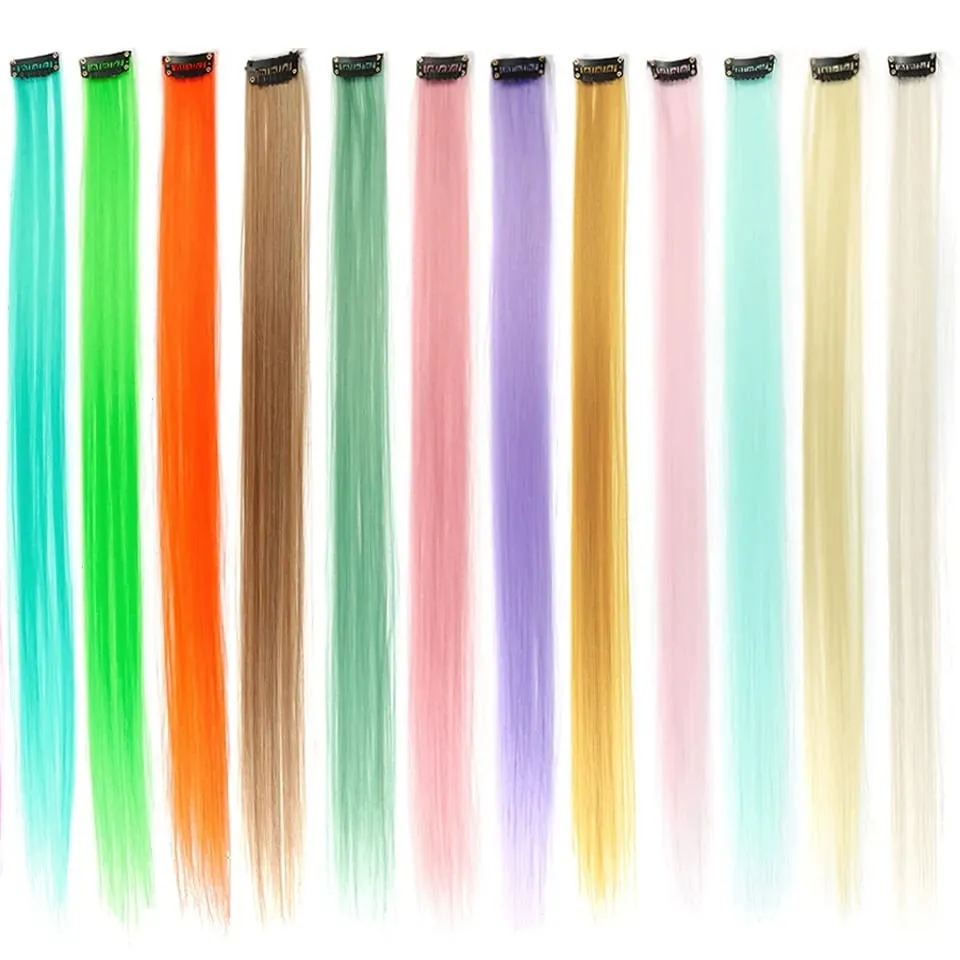 Colored Hair Extensions Synthetic 22Inch Straight Orange Green Clip in Hair Extension Rainbow Accessories Party Highlights Hair