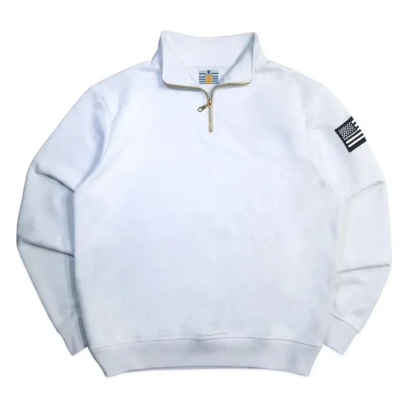 Y2K American Flag Embroider Hoodies Quarter Zip Sweatshirts Men Navy Blue White Pullover Patch Sleeve Streetwear Casual Sweater
