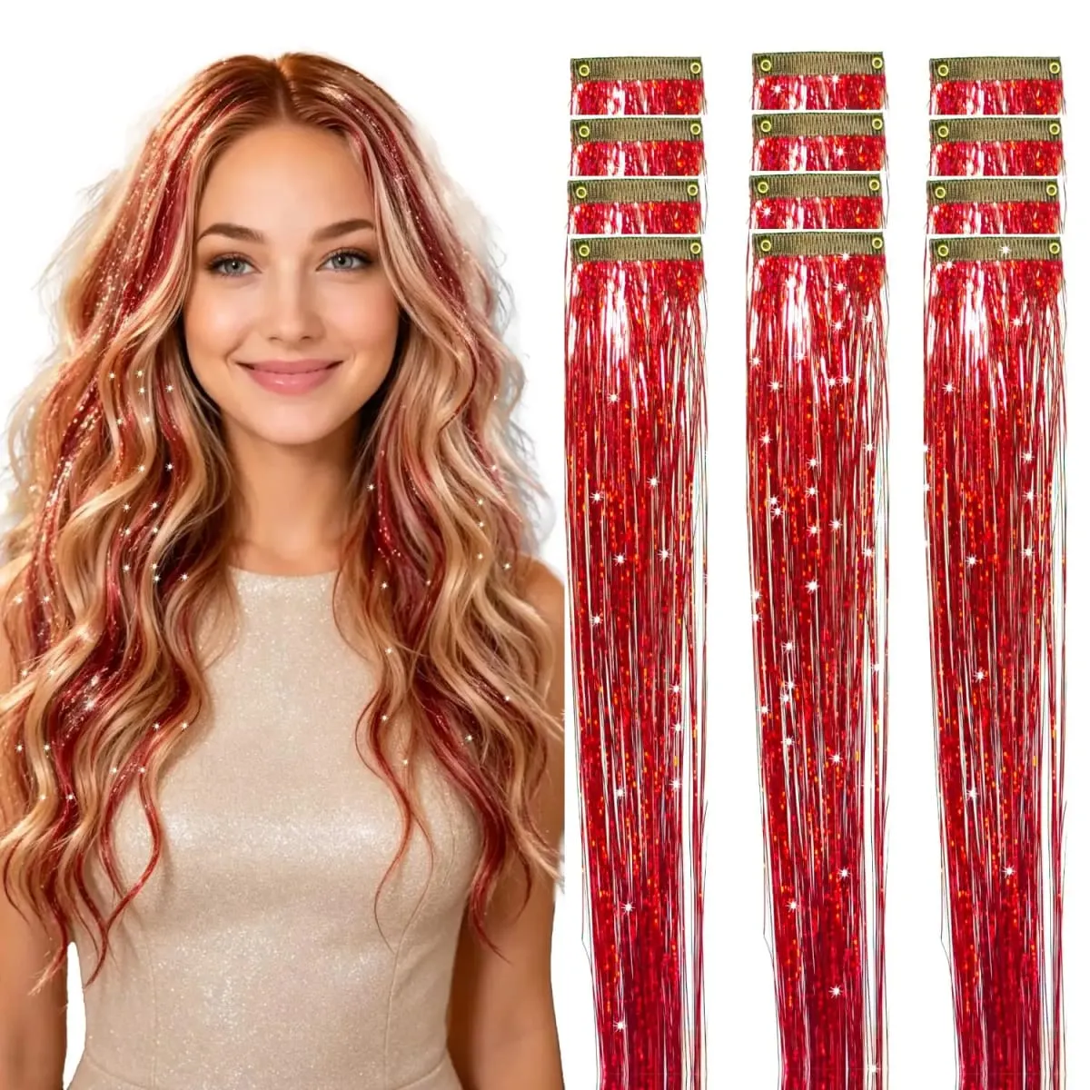 12 Pcs Clip in Hair Tinsel Sparkly Glitter Fairy Hair Extensions Shiny Hair Accessories For Girls Women Kids Party Festival
