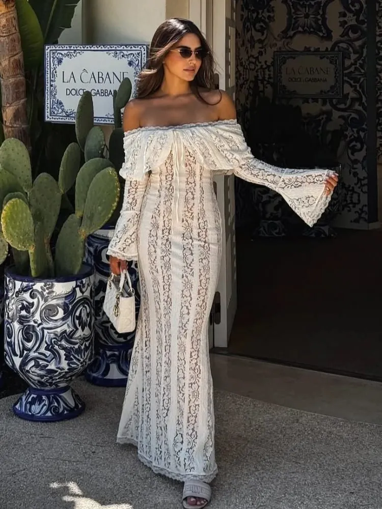 White Lace Patchwork Long Dress Women's Pleated Ruffle Sleeve Off shoulder bodycon See Through Vestidos 2025 Lady Party Gowns