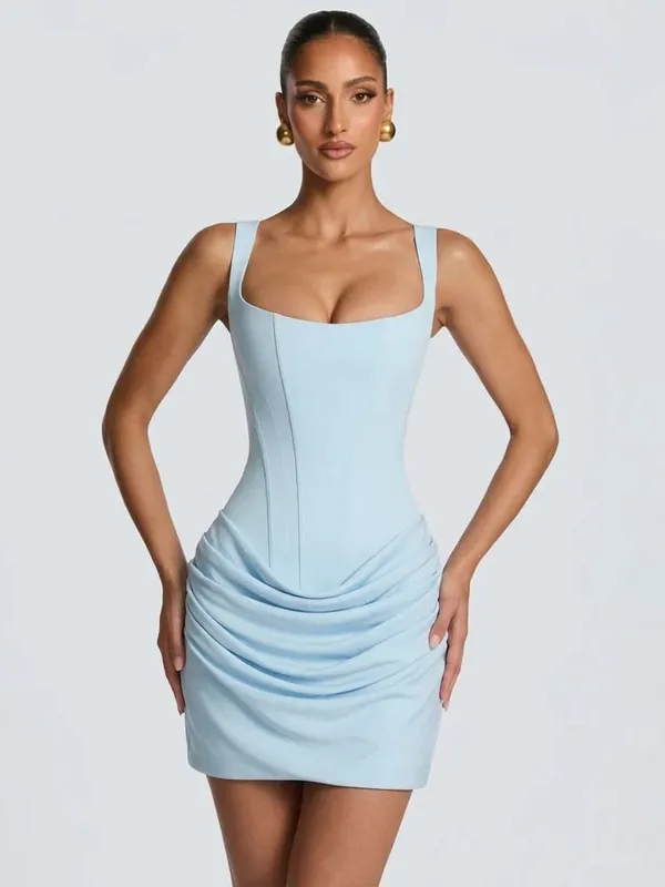 Brown Wide Strap Pleated Hem Dresses Women's Sexy Sleeveless Slim Fit Chic Mini Gown 2025 New Lady Summer Holiday Party Vestidos