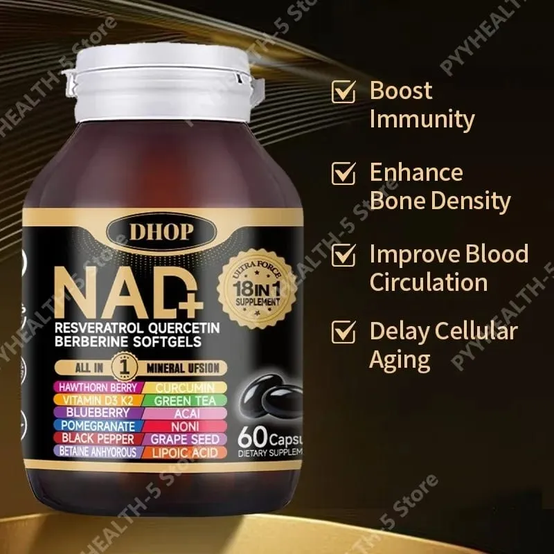 NAD+ Softgels med Resveratrol Quercetin Berberine Softgels 18-i-1 tillägg för övergripande hälsostöd 60 kapslar