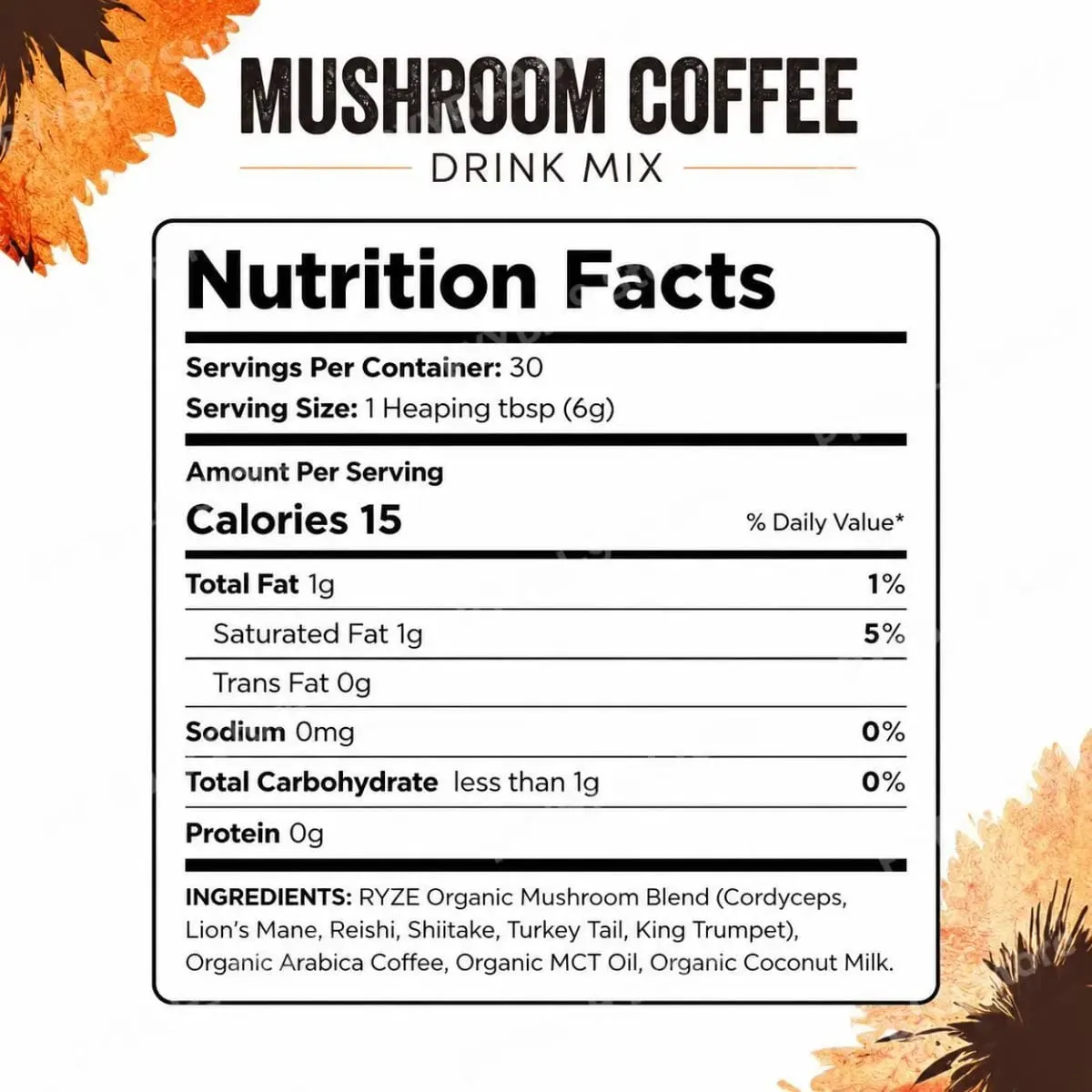 Organic Mushroom Blend Powder Lion's Mane Reishi Gut Health & Energy Support 48mg Caffeine Gluten Free Vegan 30 Servings