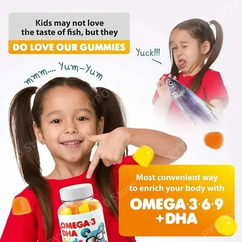 Kids Omega 3 DHA Gummies with Omega 6 & 9 Vitamin C for Brain Eye & Heart Support Vegetarian Gluten Free Ages 2+ 60 Count