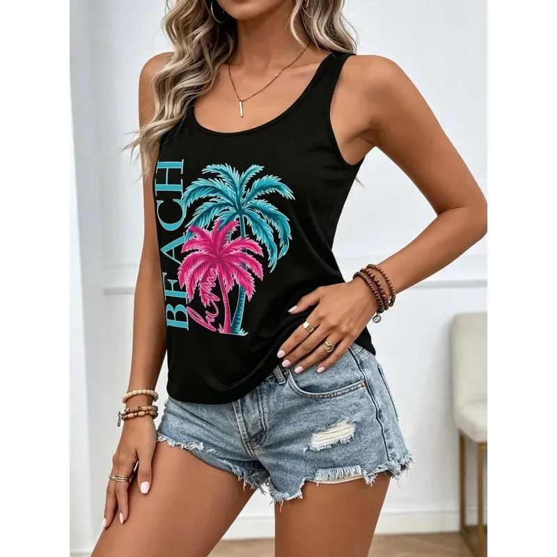 Women's Cool Summer Tops with Coconut Tree Prints Sleeveless Tops. Comfortable and Casual Beachwear for a Vacation Style.