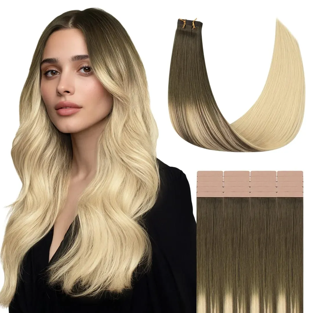 Sunmofavo Seamless Tape In Hair Extensions 100% Real Remy Human Hair Straight Ash Brown To Platinum Blonde Ombre Silky Glossy 20Pcs 50g Firm Hold After Heat Application Instant Volume Salon Professional Tape Ins