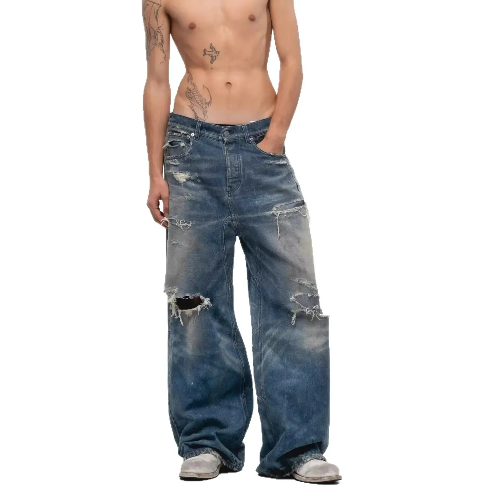 Unisex Jeans 2026 Spring Autumn Men's American Hollow Out Washed Retro Jeans Loose Wide Leg Straight Pants Hole Ripped Trousers