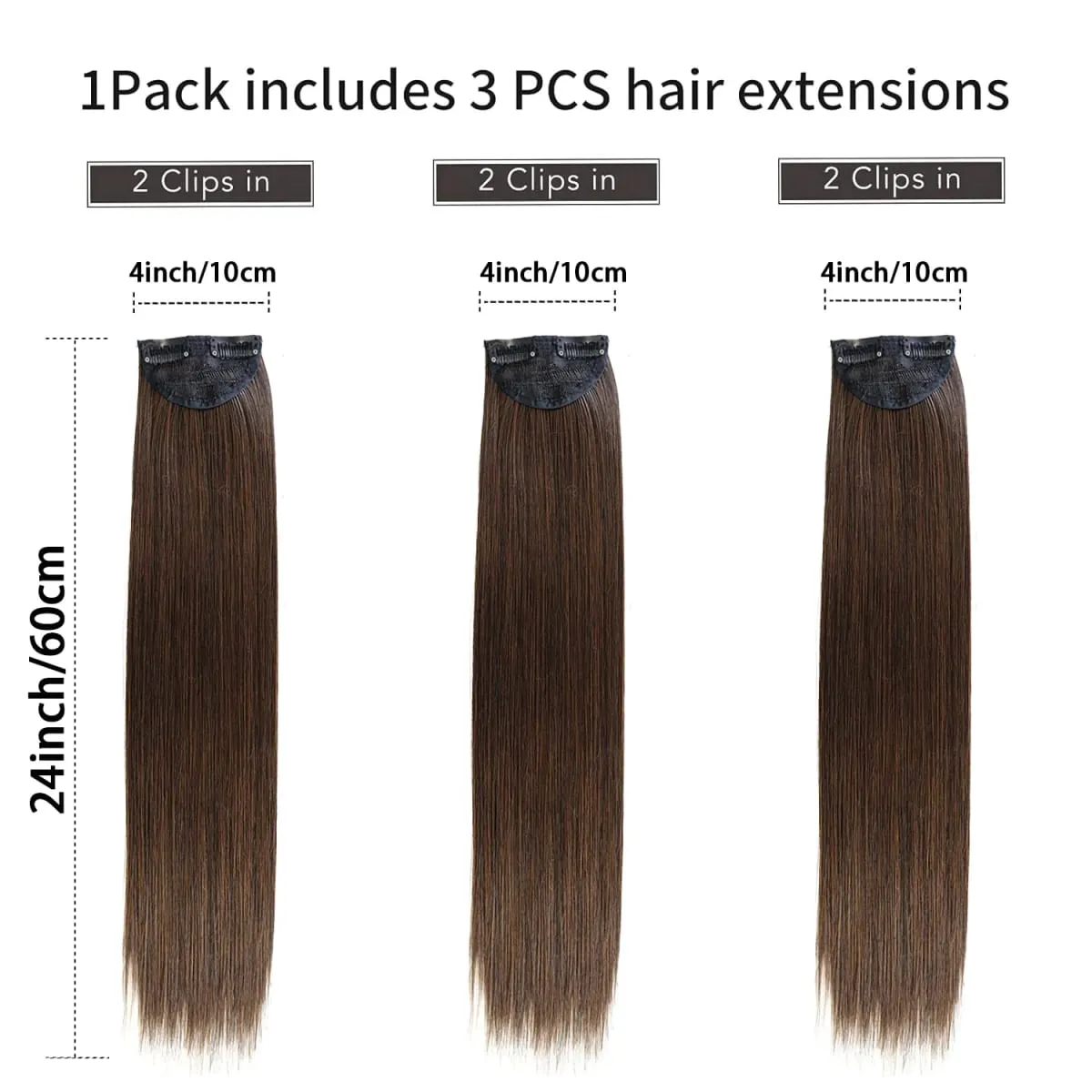 3PCS Thick Light brown Long Straight Set 24inch Synthetic Clip in Hair Extensions for Women
