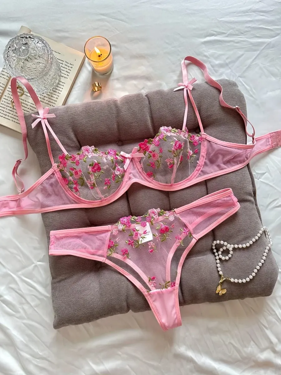 Lencería de noche para mujer, ropa interior Sexy hermosa de 2 piezas con bordado floral, conjunto de lencería erótica, conjuntos de mujer
