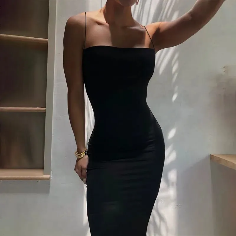 Summer New Strap Dresses Solid Sexy Women Streetwear Sheath Sleeveless Bodycon Dress Casual Elegant Party Ankle-Length Dresses