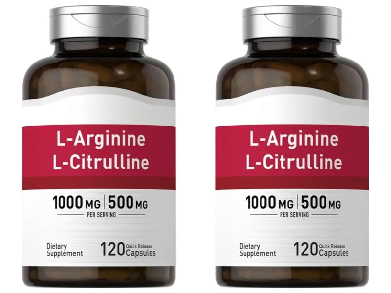Cápsulas de suplemento de aminoácidos com contagem de 120 fornecem energia e suporte para uma vida saudável com 1000 mg de L-Arginina e 500 mg de L-Citrulina