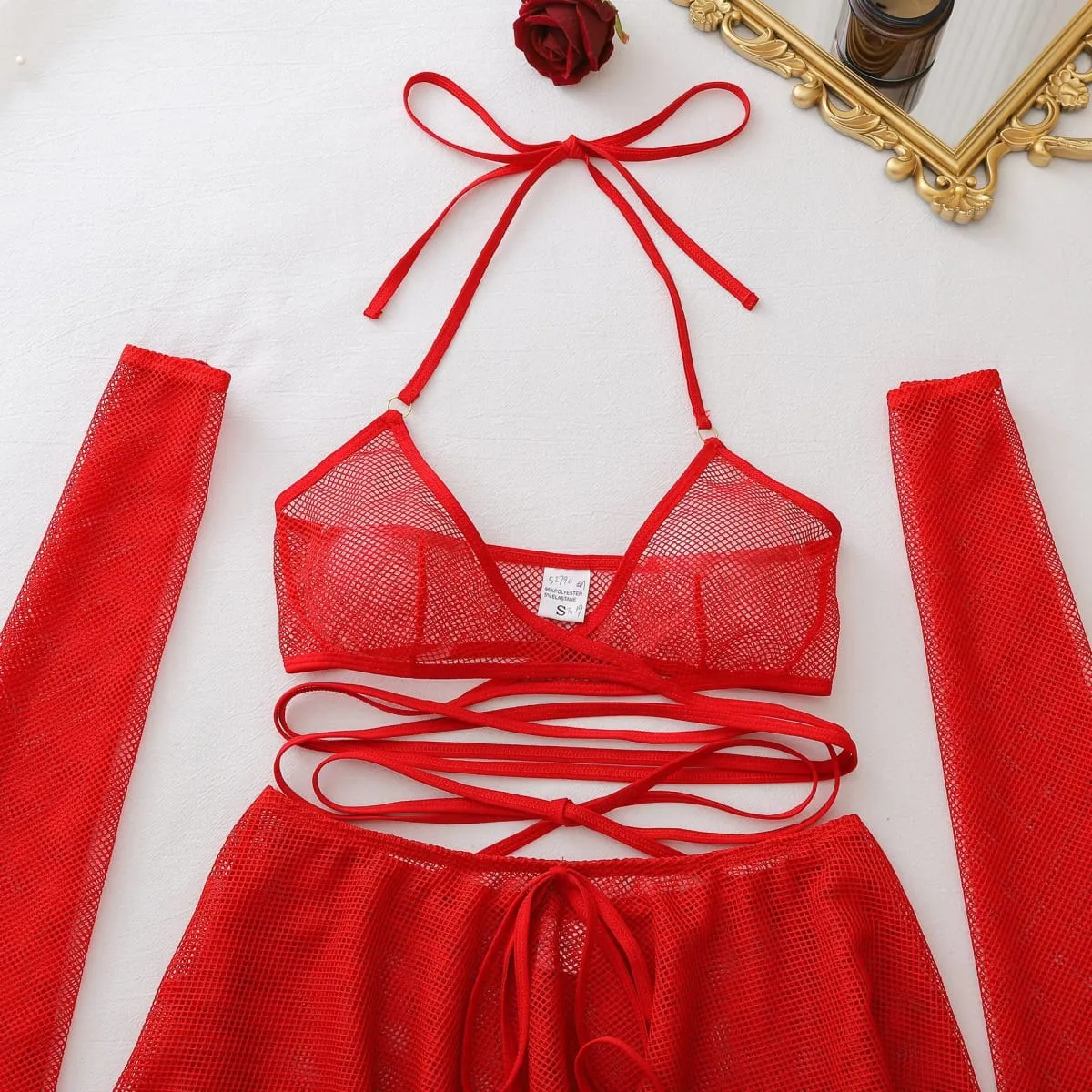 Sexy hot Lingеrie Trendy new comfortable and breathable fishnet sexy halter body-shaping lingerie set with sleeves