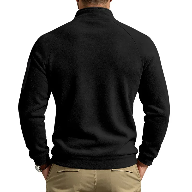 Men Fleece Stand Collar Sweatshirt Diagonal Zipper Arm Pocket Long Sleeve Loose Casual Pullover Autumn Winter Outdoor Tops