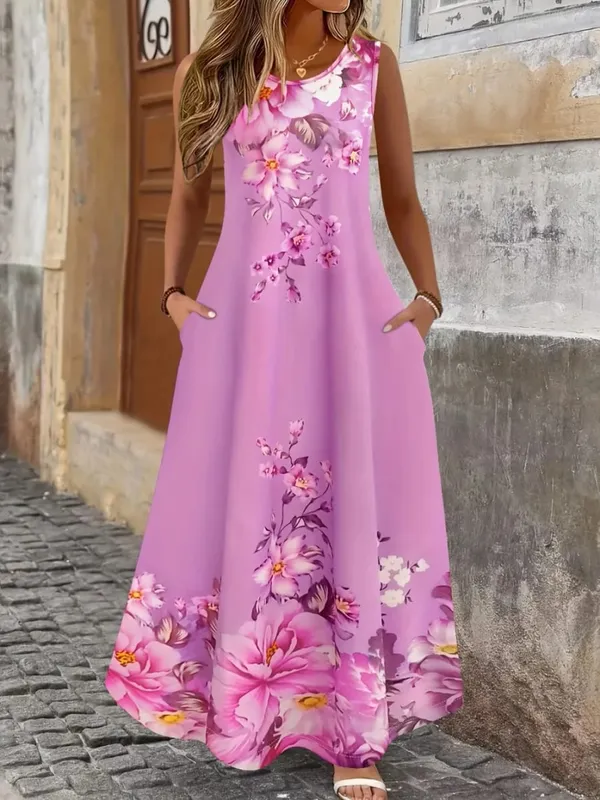 2026 New Women's Dress Fashion Floral Print New Sleeveless Design Dresses Summer Outdoor Beach Vacation Ankle Long Women's Dress