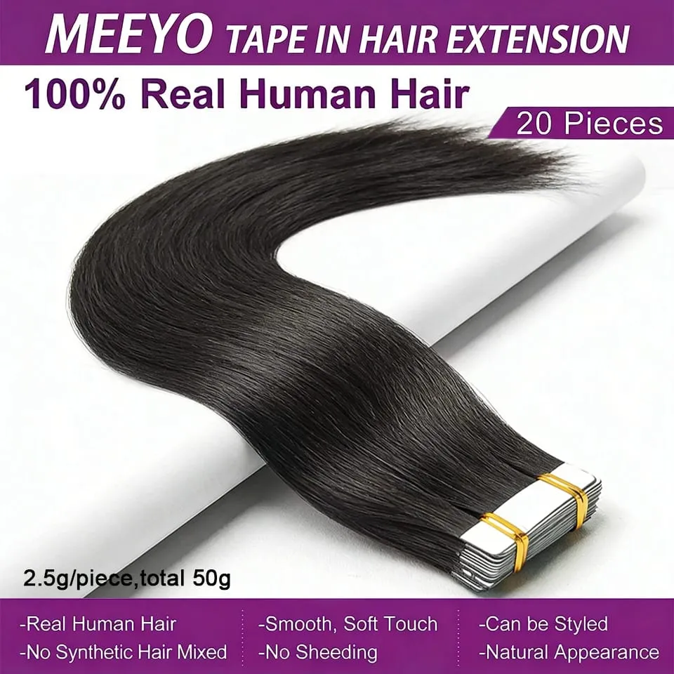Tape In Hair Extensions Human Hair Natural Color Silk Soft Straight Seamless Invisible Tape In Extensions Color #2 for Women 50G