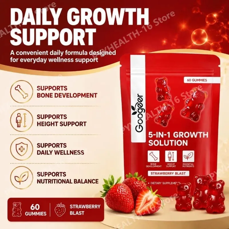 Googeer 5-IN-1 Growth Solution Gummies สำหรับการพัฒนากระดูกและส่วนสูงวิตามิน D3 K2 แคลเซียม Strawberry Blast 60 Gummies