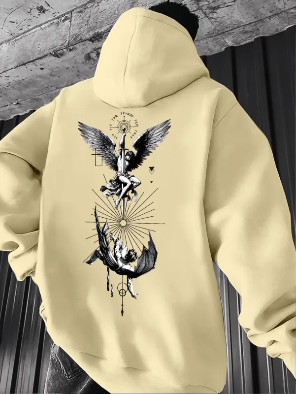 Men's Gothic Angel & Tarot Print Hooded Sweatshirt - Longr Machine /Fall Layering (Tarot Card Design Regular Fit) - Ideal for Themed Events & Casual Attire Featuring Angel & Tarot Motifs Comfortable Knit Fabric and Versatile Streetwear Styl