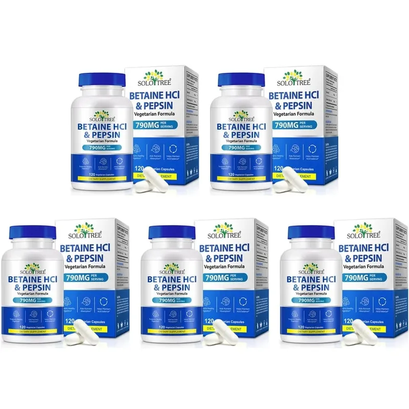 베타인 HCl 펩신 캡슐 790mg 소화 산성 균형 및 영양소 흡수 지원을 위한 채식주의자 성인 120개