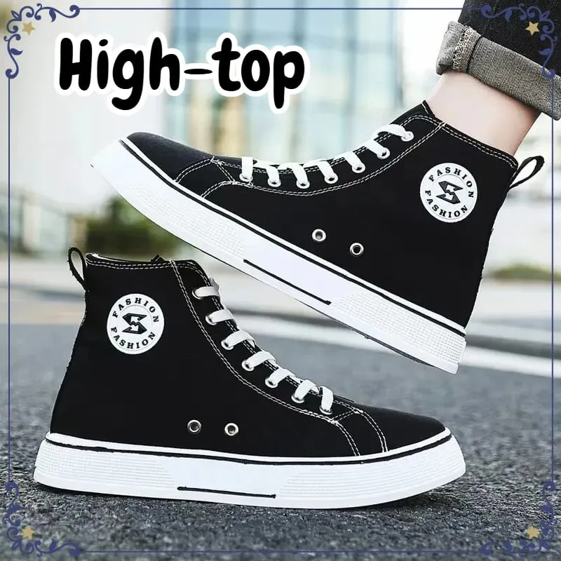 New Black High-top Canvas Mens Shoes Breathable Soft Bottom Non-slip Lace-up Casual Board Sneakers for Daily Streetwear Sneakers