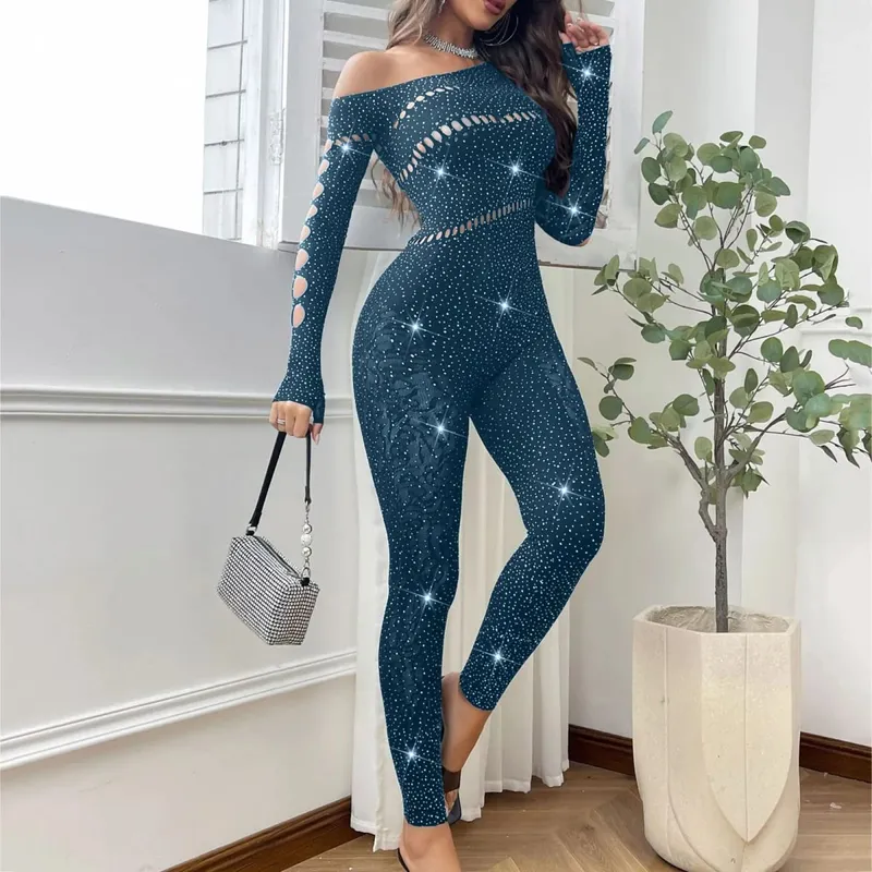 Mulheres sexy malha strass macacão manga longa ver através de alta estiramento corpo meias macacão clube plus size estoque lingerie
