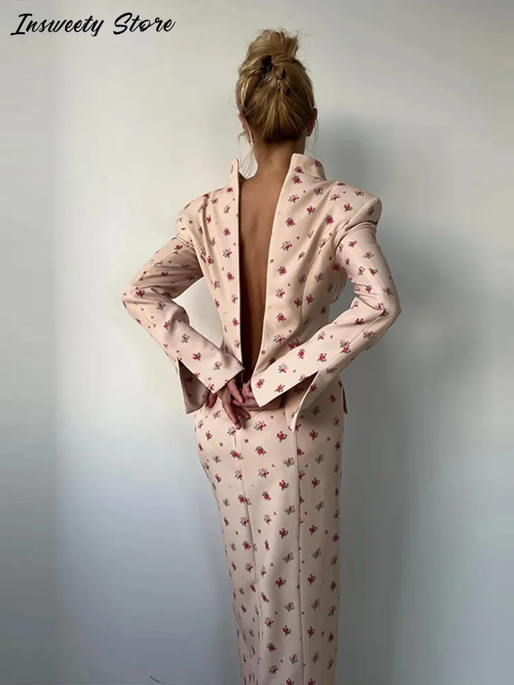 Elegant Printed Split Maxi Dresses Women's Slim With Shoulder Pad Single Breasted Full Sleeves Dress 2026 Summer New Lady Robes
