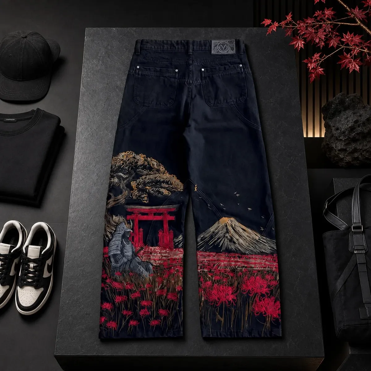 Samurai Embroidery Men Jeans Y2K Retro Harajuku Street Hip Hop High Waist Straight Pants Unisex Wide Leg Loose Denim Pants