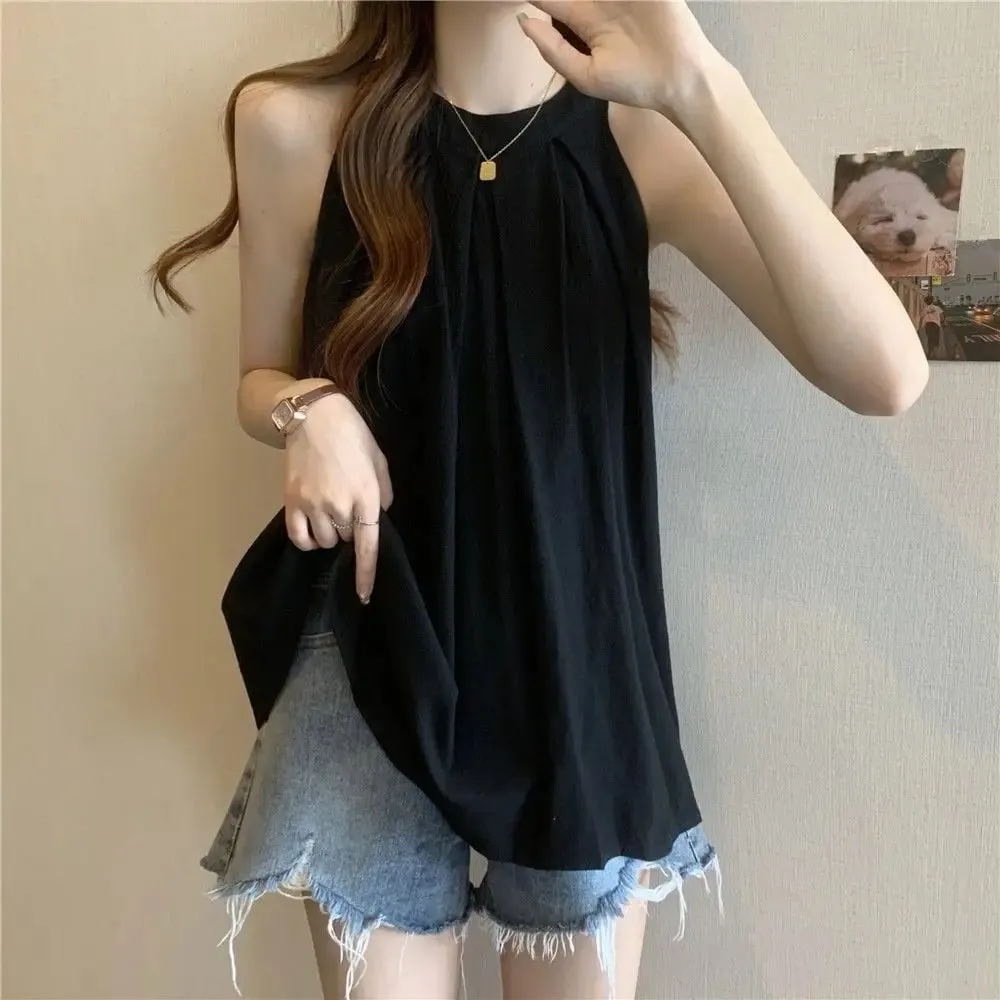 Magliette coreane larghe senza maniche con spalle scoperte Magliette Abbigliamento donna Nuova semplicità Magliette casual da strada per giovani Dolce tendenza estiva