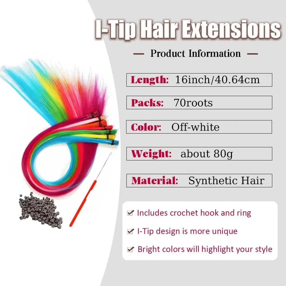 70roots 16inch I-tip Fusion Candy Colors colorful Synthetic Hair Extensions with crochet hook and ring Y2K style