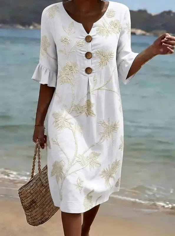 Summer Woman Dress V Neck Button Front Dresses Loose Fit Casual Dress Ruffle Sleeve Floral Dress Vine Pattern Women's Embroidery