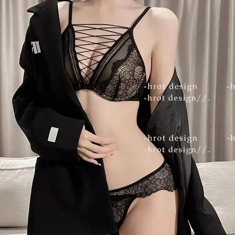French Sexy Lingerie Set Soft Underwire Push Up Bra for Small Chest Deep Gather Lace Up Cutout Pure Look CA MOYISU Sexy Tushy