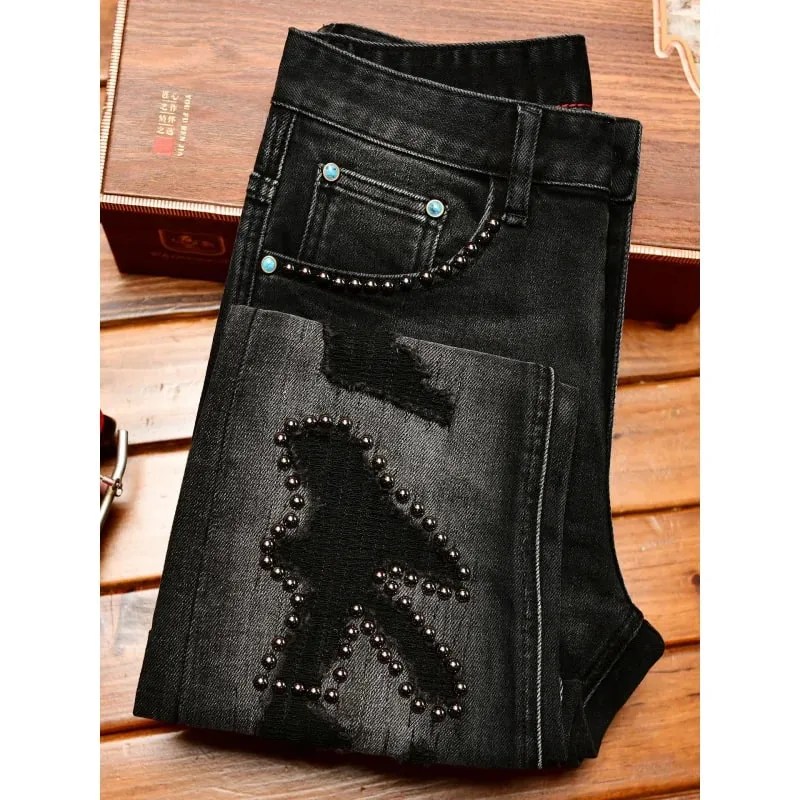 Jeans noirs pour hommes, Design de décoration en métal, tendance, déchiré, mode rétro nostalgique, pantalon Slim Fit