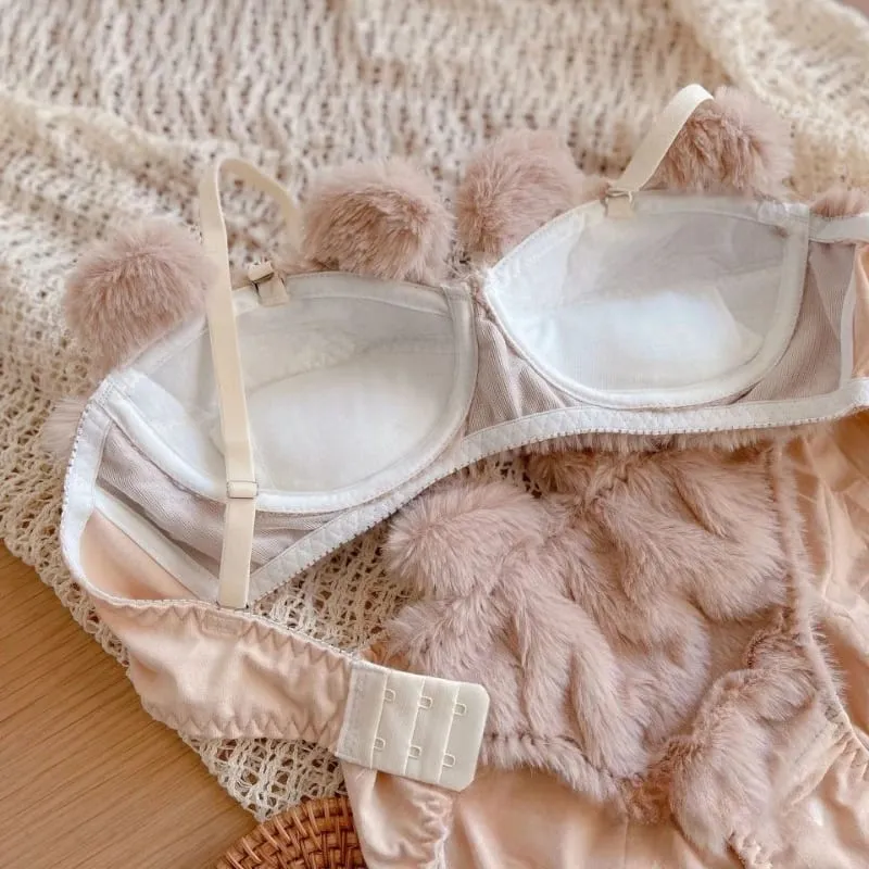 QQ Bra Sets Cute Women's Intimates Plush No Steel Ring Push Up Bra Brief Sets Sweet Bear Lolita Fall Winter Velvet Underwear