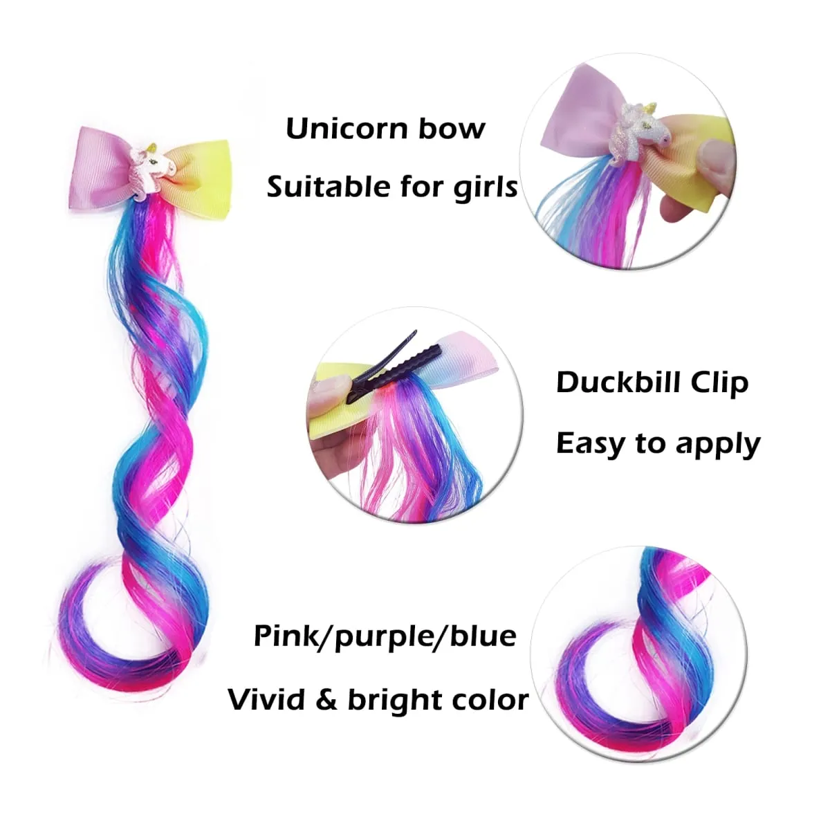 6pcs Clip in Curly Hair Extensions Rainbow Color Hairpieces with Cute Alligator Clip Bows for Girls-Great for Gifts Holidays