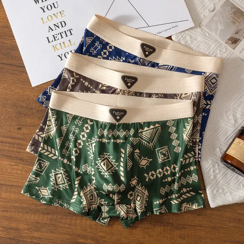 Erkek Boxer Retro Etnik Tarzı Rahat Pürüzsüz Kumaş Külot Vintage Baskı Elastik Iç Çamaşırı Erkek Iç Çamaşırı Düz ​​Külot